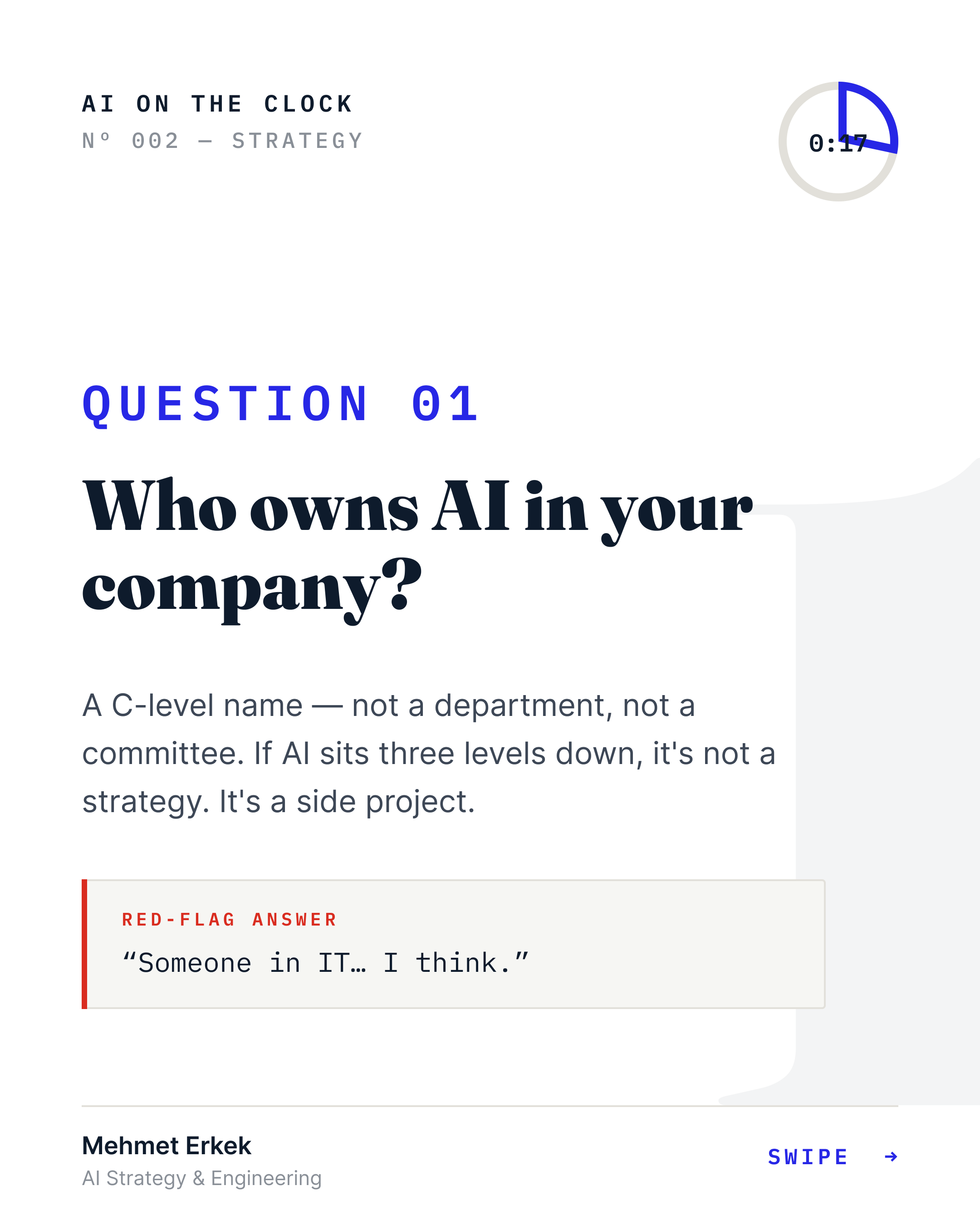 Question 01 — Who owns AI in your company? Red-flag answer: “Someone in IT… I think.”