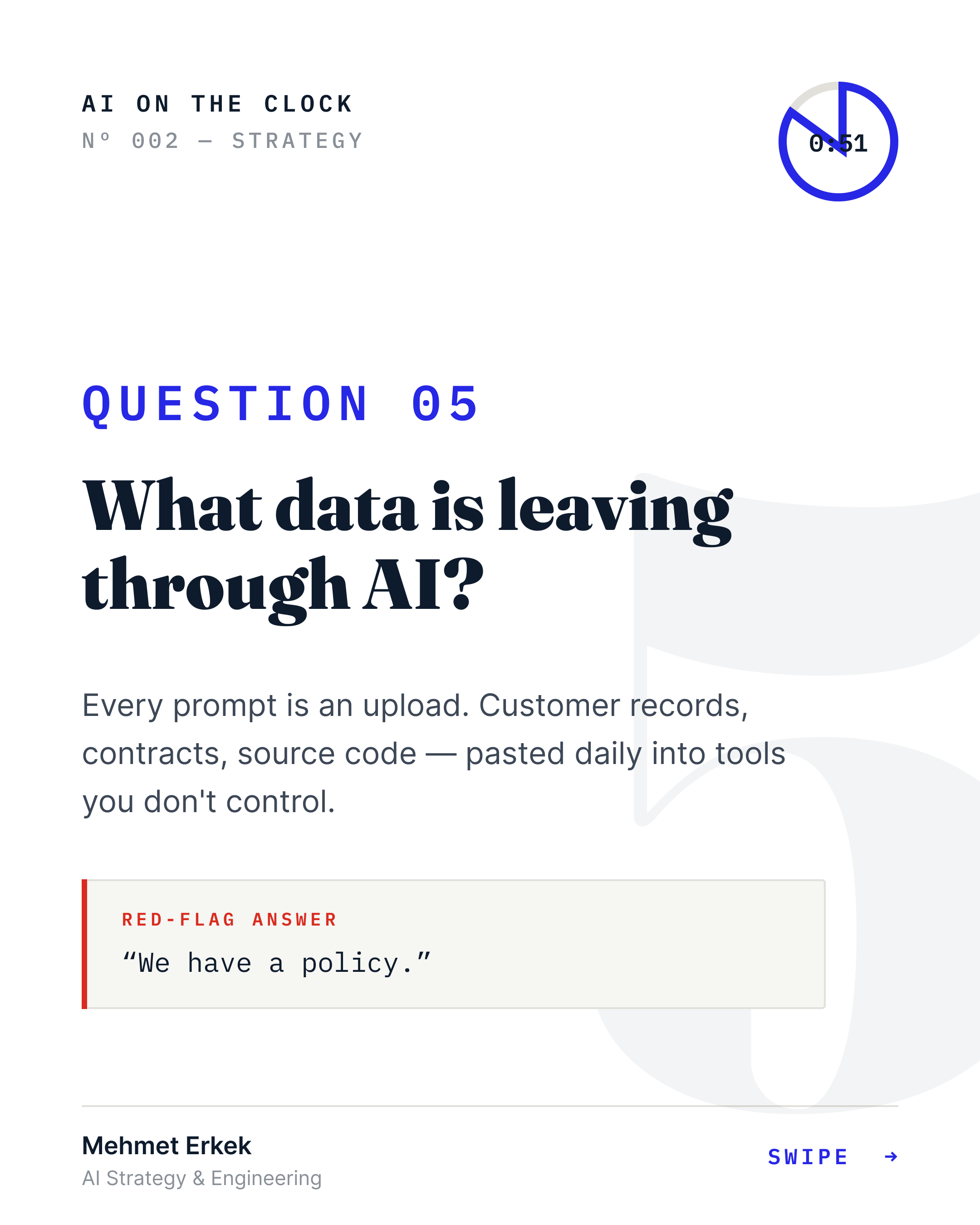 Question 05 — What data is leaving through AI? Red-flag answer: “We have a policy.”