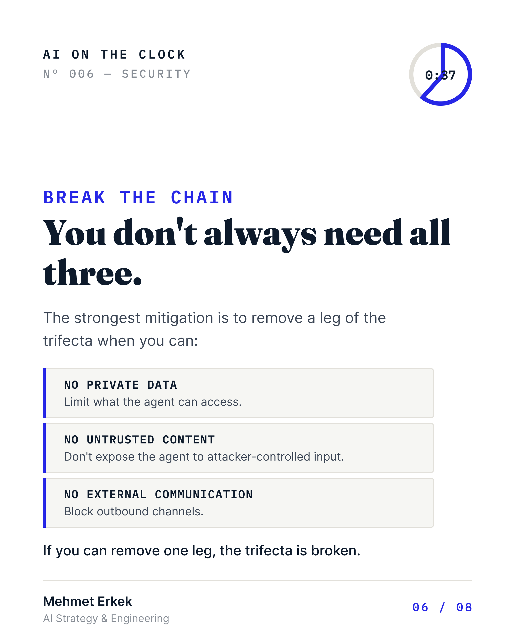 Break the chain: You don't always need all three. The strongest mitigation is to remove a leg of the trifecta when you can. No private data: limit what the agent can access. No untrusted content: don't expose the agent to attacker-controlled input. No external communication: block outbound channels. If you can remove one leg, the trifecta is broken.