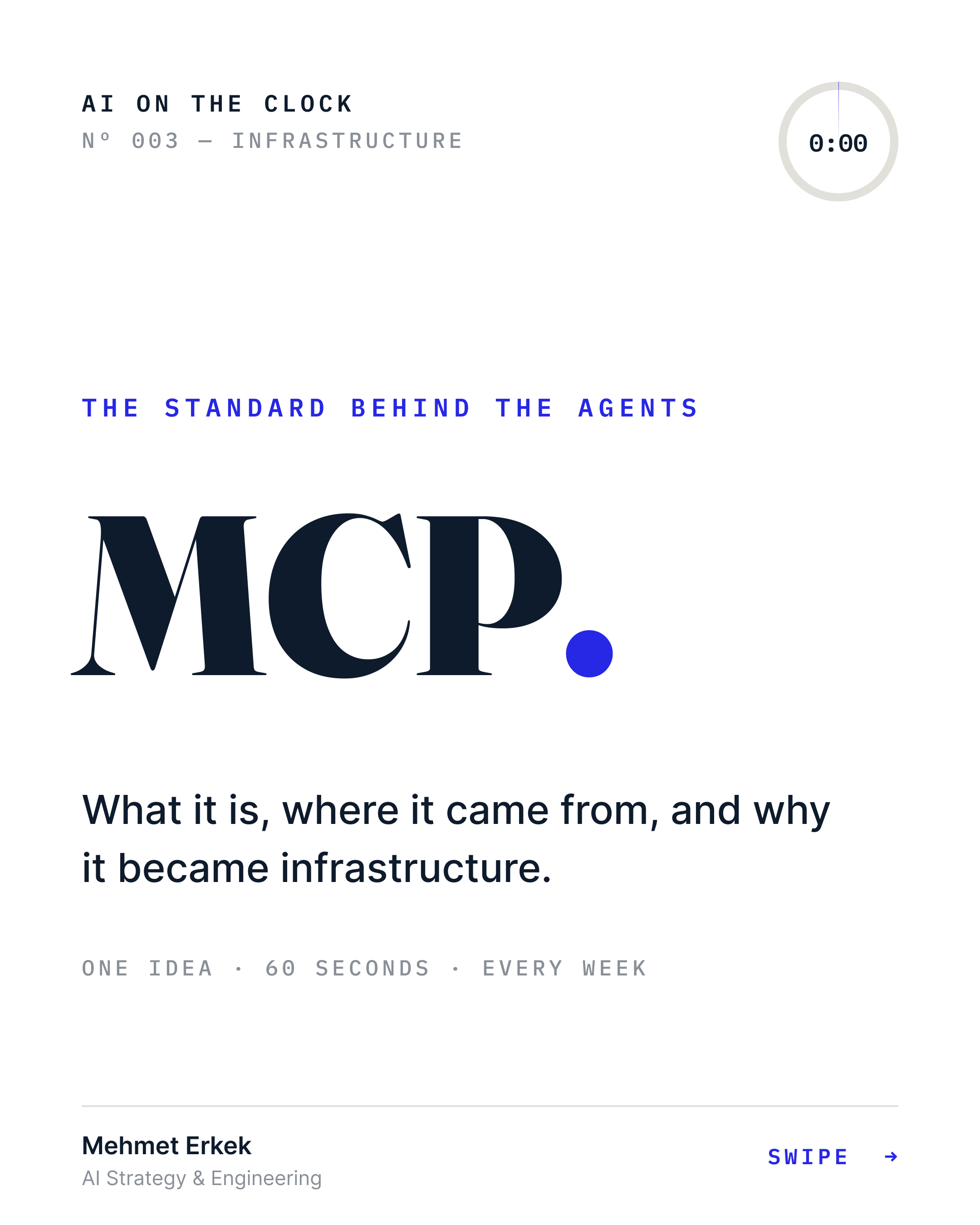 Cover slide: MCP — what it is, where it came from, and why it became infrastructure.