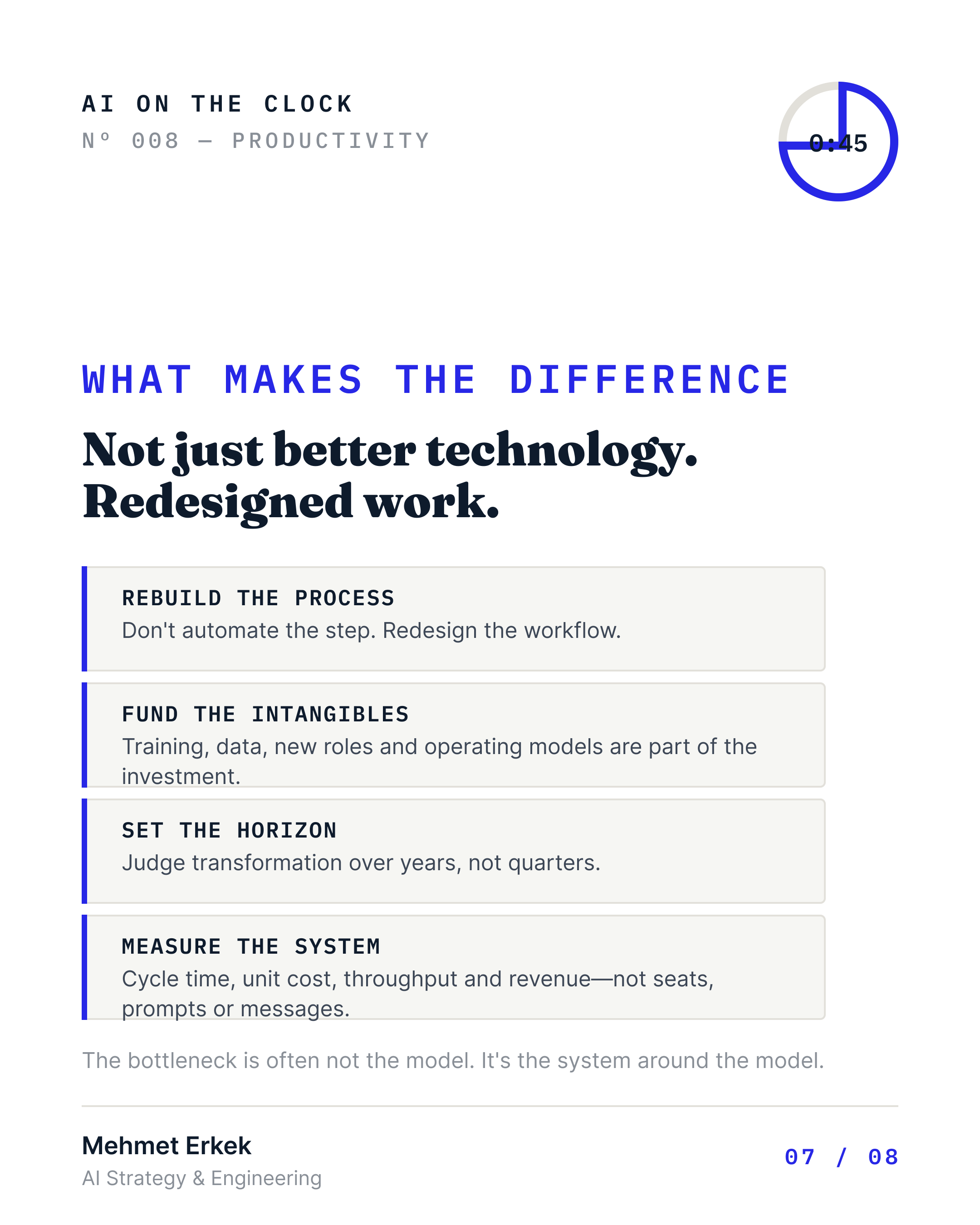 Four levers make the difference: rebuild the process, not just automate the step; fund intangibles like training and new roles; judge transformation over years, not quarters; measure the system—cycle time, unit cost, throughput, revenue—not individual tool usage.
