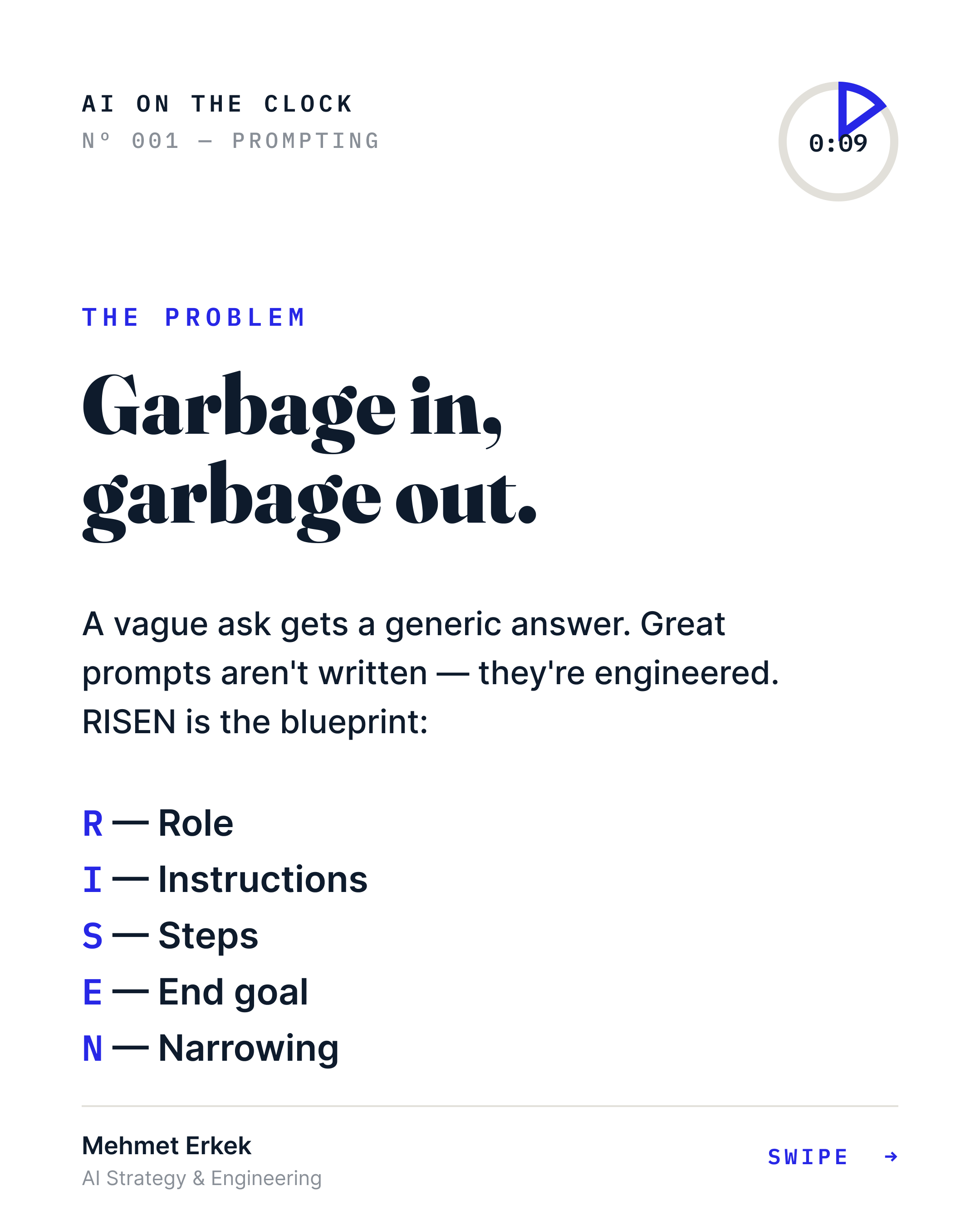 Garbage in, garbage out. A vague ask gets a generic answer; RISEN stands for Role, Instructions, Steps, End goal, Narrowing.
