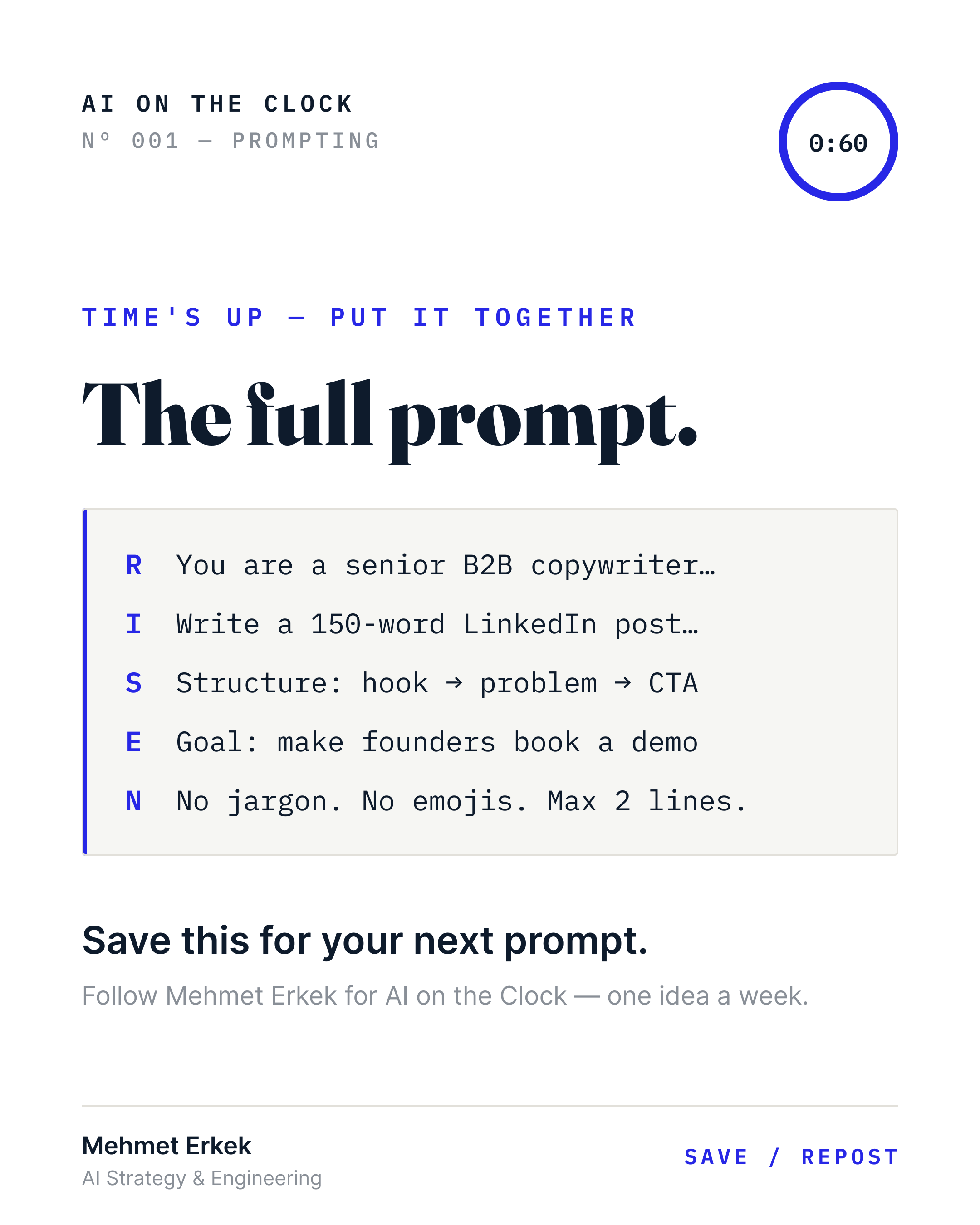 The full prompt, with all five RISEN parts filled in as one worked example.