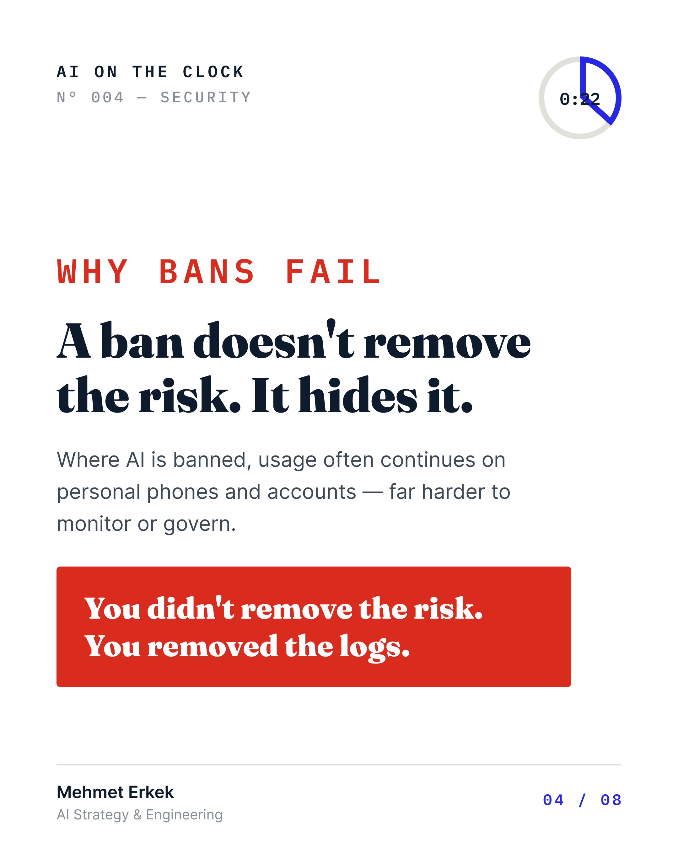 Why bans fail: a ban does not remove the risk, it hides it. Where AI is banned, usage continues on personal phones and accounts, far harder to monitor. You did not remove the risk. You removed the logs.