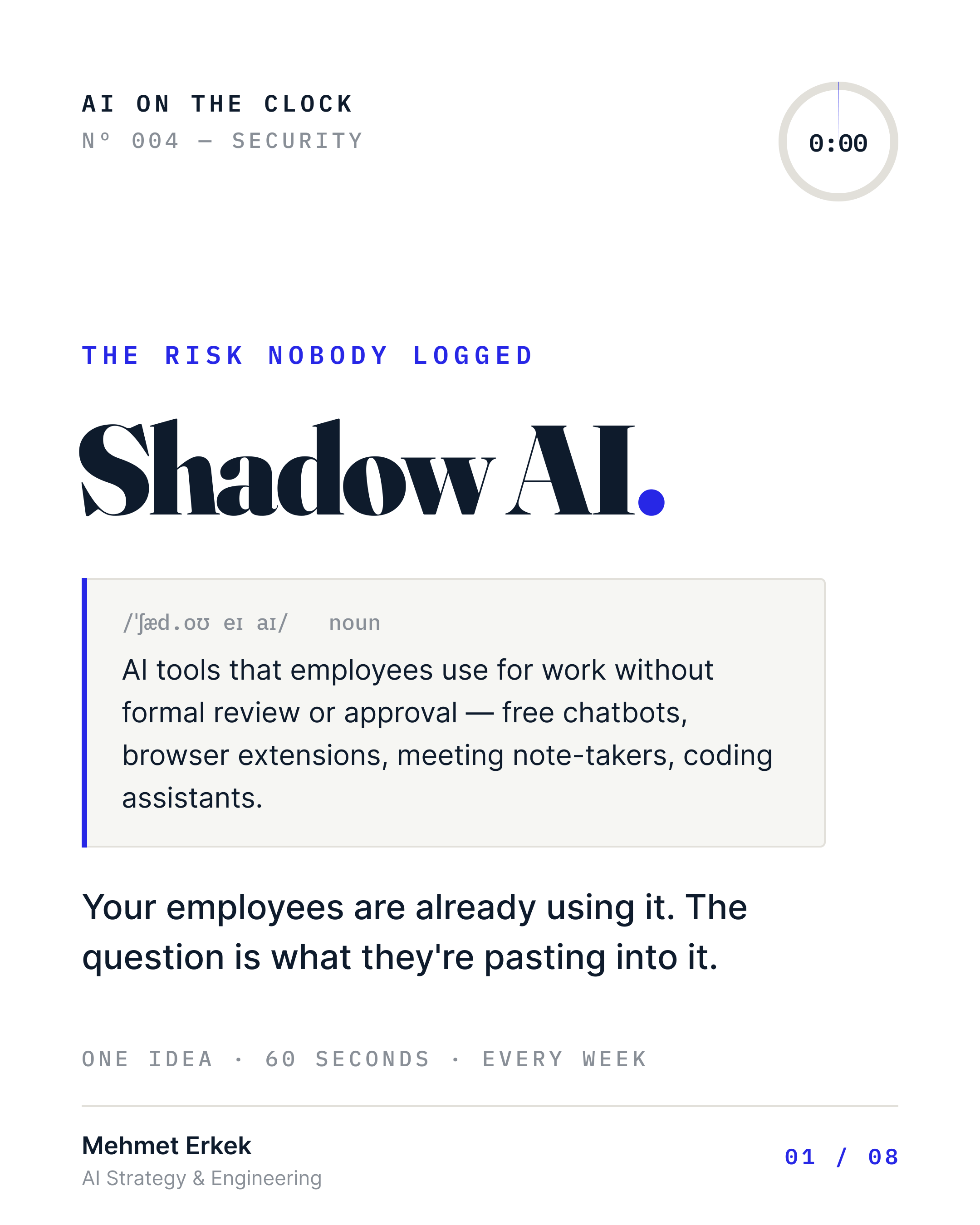 Shadow AI defined: AI tools employees use for work without formal review or approval — free chatbots, browser extensions, meeting note-takers, coding assistants. Your employees are already using it; the question is what they are pasting into it.